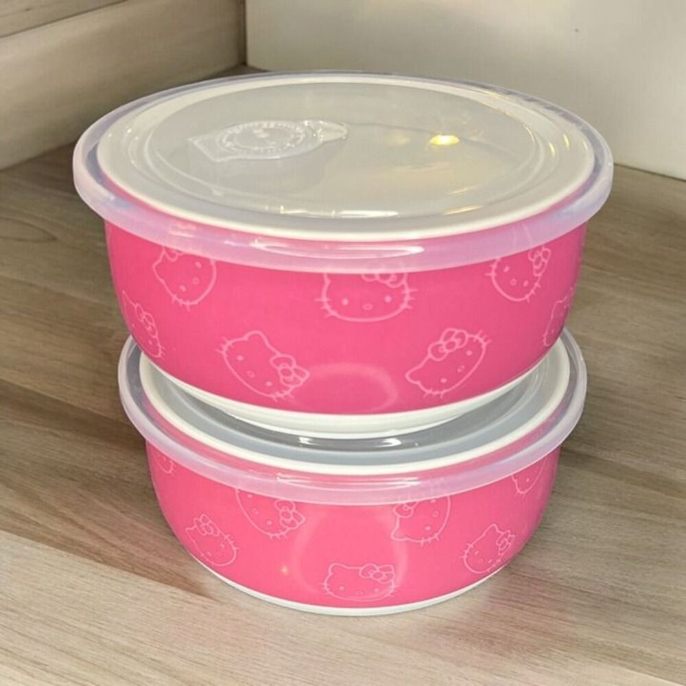 Set Of 3 Pink Hello Kitty Ceramic Food Saver Storage Bowls (all the same)